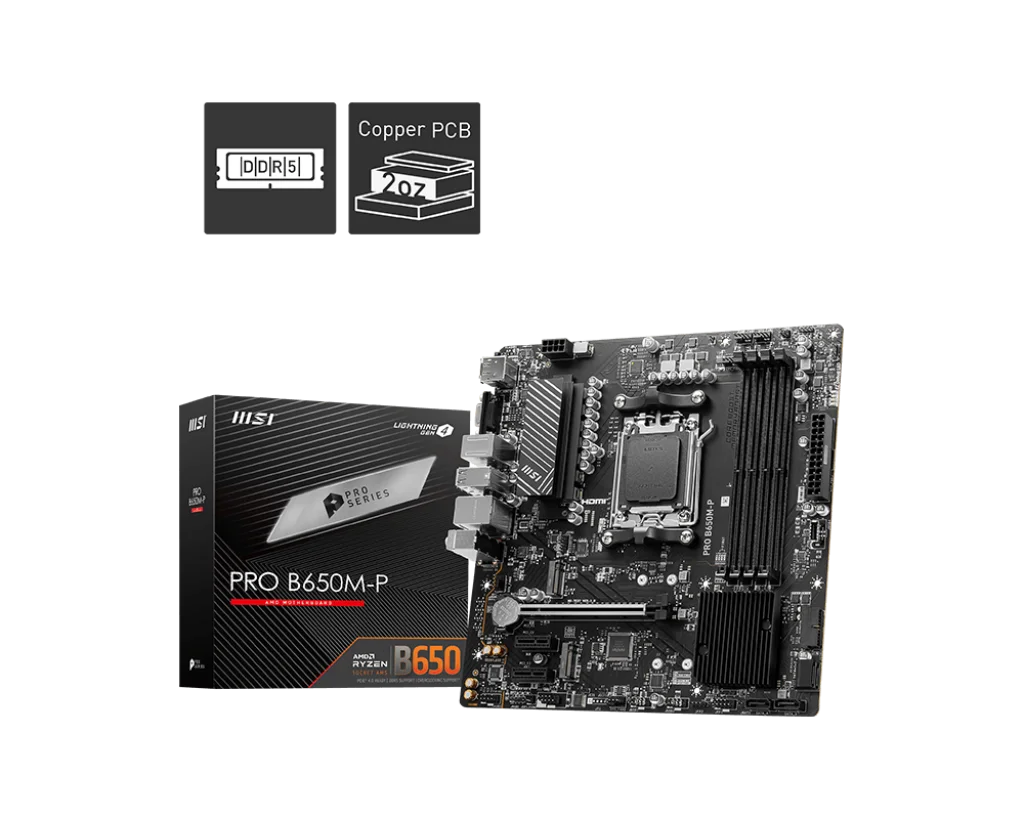 MSI PRO B650M-P Motherboard, Micro-ATX – Supports AMD Ryzen 7000 Series Processors, AM5 – DDR5 Memory Boost 6000+MHz/OC, 1 x PCIe 4.0 x16, 2 x M.2 Gen4, 2.5G LAN