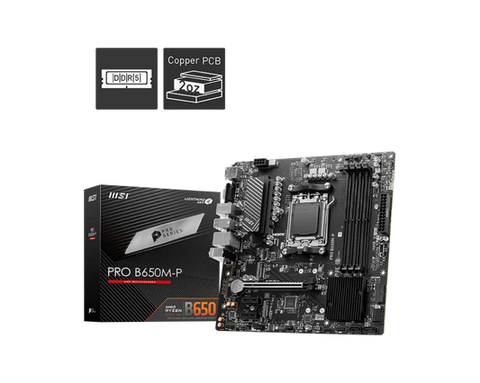 MSI PRO B650M-P Motherboard, Micro-ATX – Supports AMD Ryzen 7000 Series Processors, AM5 – DDR5 Memory Boost 6000+MHz/OC, 1 x PCIe 4.0 x16, 2 x M.2 Gen4, 2.5G LAN