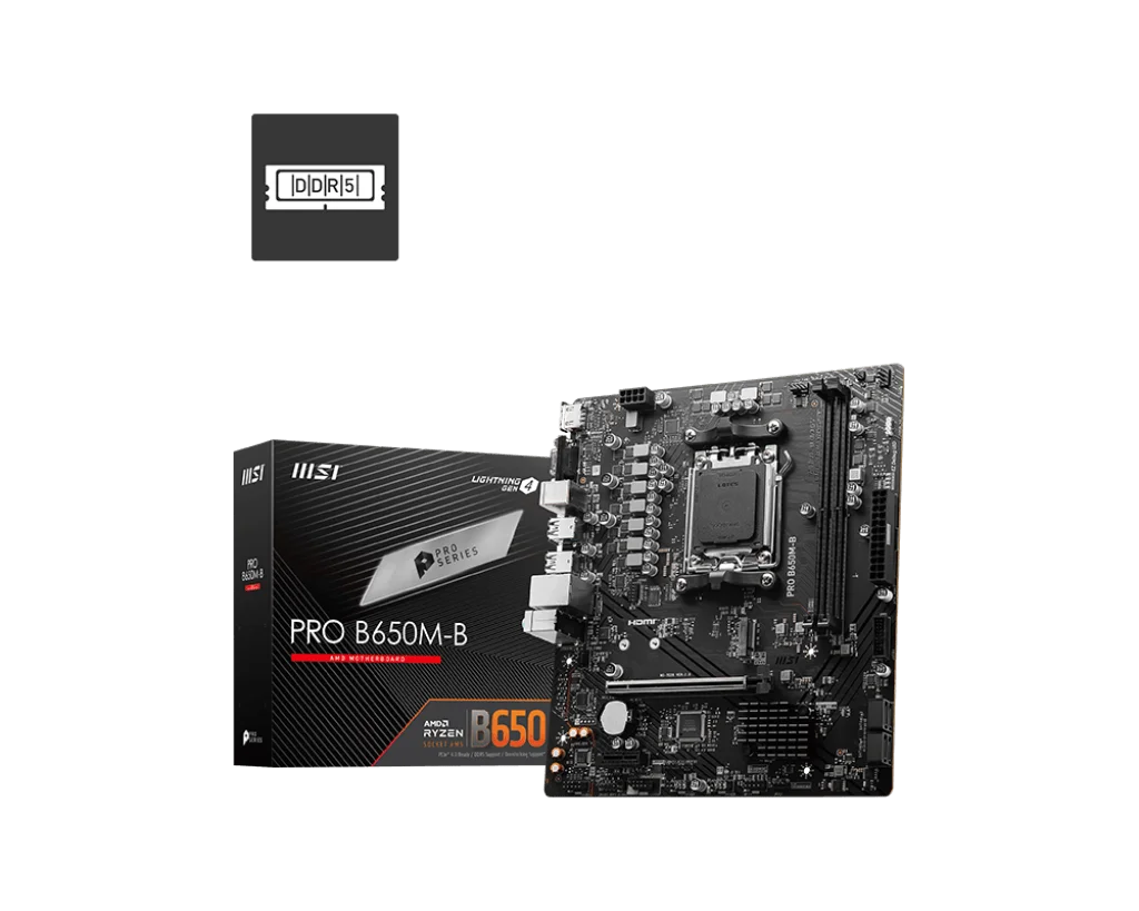 MSI PRO B650M-B Motherboard, Micro-ATX – Supports AMD Ryzen 7000 Series Processors, AM5 – DDR5 Memory Boost 6800+MHz/OC, 1 x PCIe 4.0 x16, 1 x M.2 Gen4, 2.5G LAN